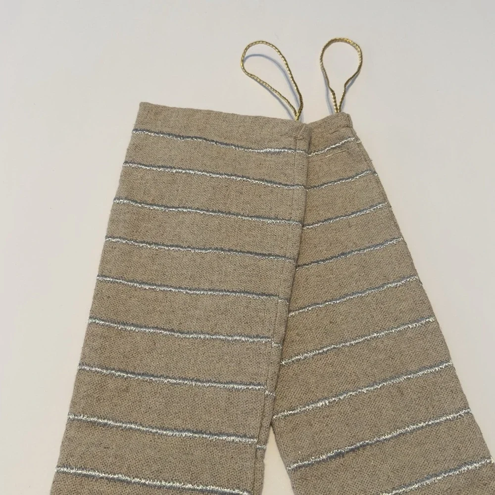 Set Of 2 Christmas‎ Stockings Tan Burlap? With Silver Embroidered Stripes